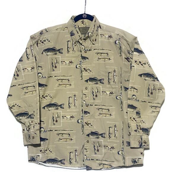 Woods and Water Outfitters Shirt Men's Large Button Up Long Sleeve Fish Motif - Picture 1 of 7